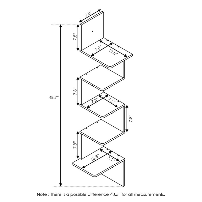 Furinno ROSSI Engineered Wood 5-Tier Wall Floating Corner Shelf in Oak Gray