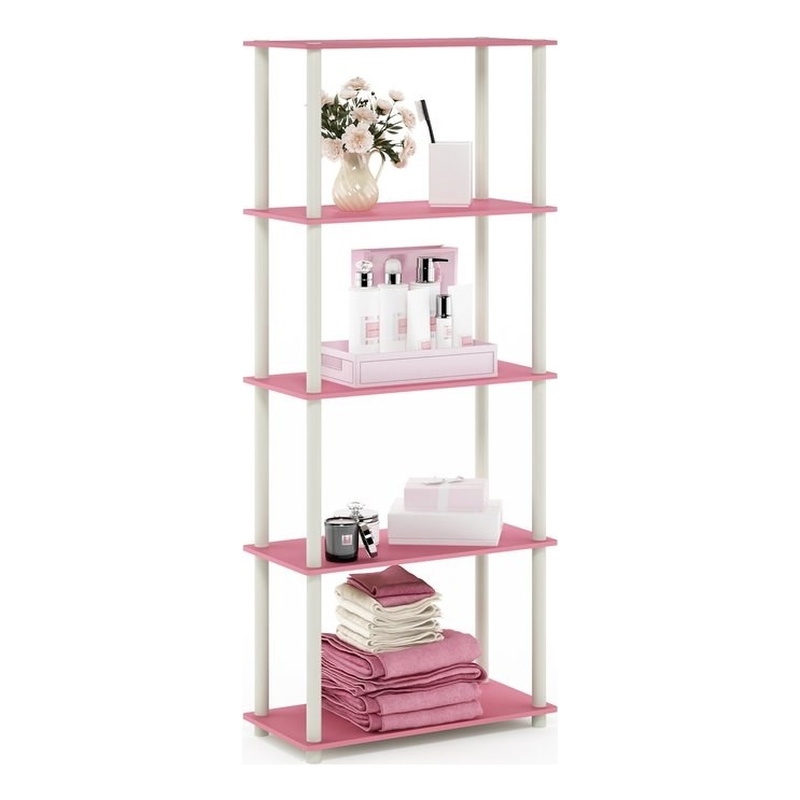 Furinno TURN-N-TUBE Engineered Wood 5-Tier Shelf Display Rack in Pink/White