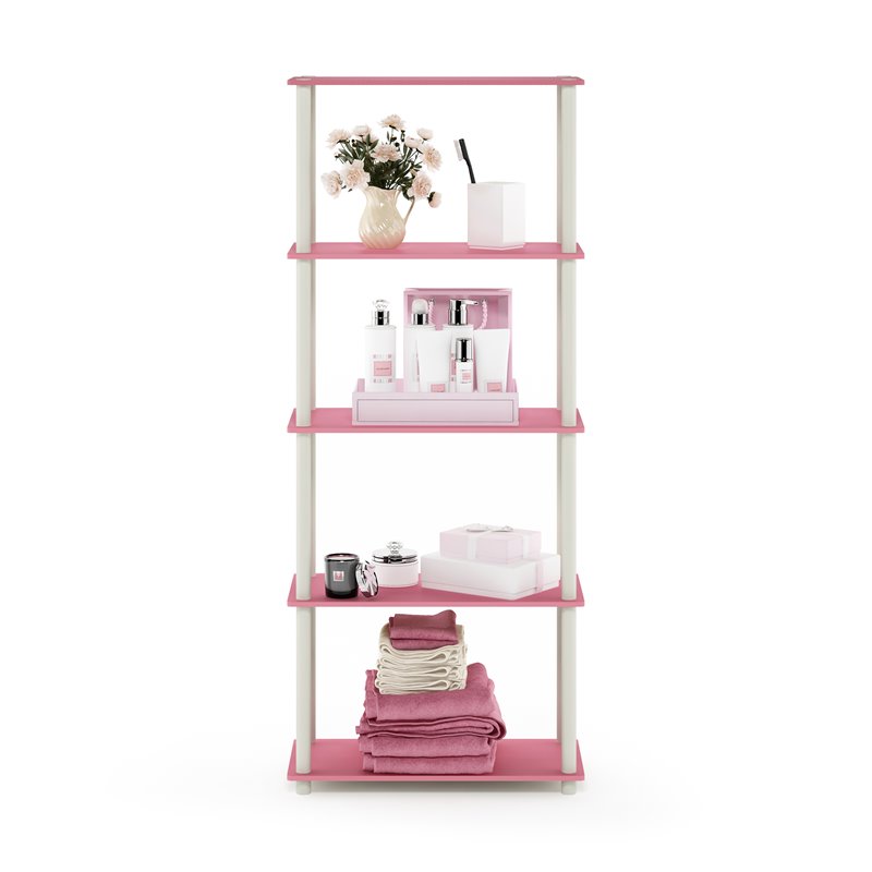 Furinno TURN-N-TUBE Engineered Wood 5-Tier Shelf Display Rack in Pink/White