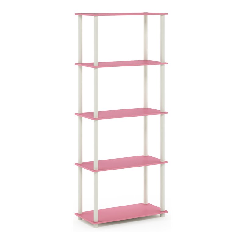 Furinno TURN-N-TUBE Engineered Wood 5-Tier Shelf Display Rack in Pink/White