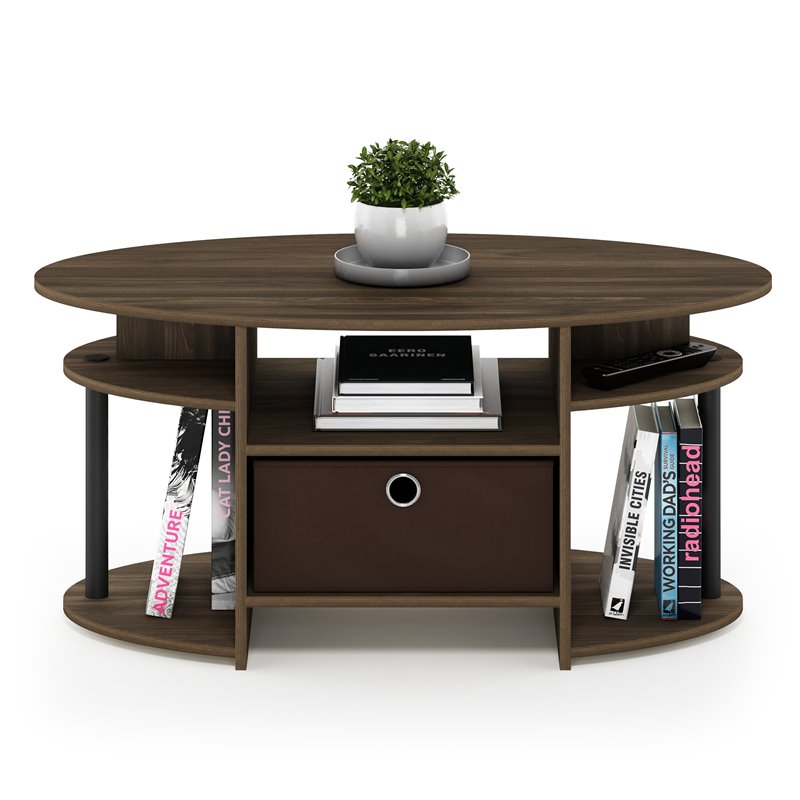 Furinno JAYA Engineered Wood Oval Coffee Table with Bin in Columbia Walnut
