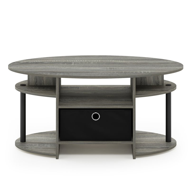 Furinno JAYA Engineered Wood Oval Coffee Table with Bin in French Oak Gray/Black
