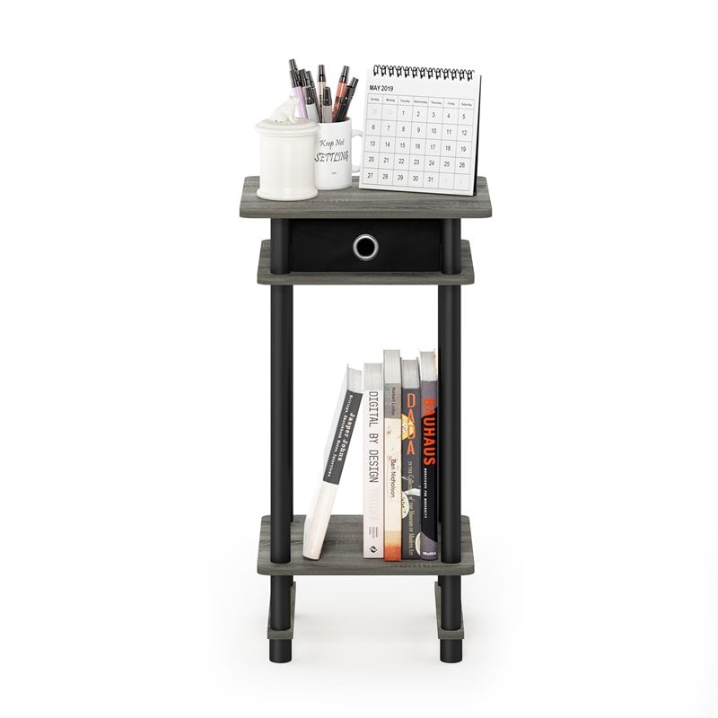 Furinno TURN-N-TUBE Engineered Wood End Table with Bin in French Oak Gray/Black