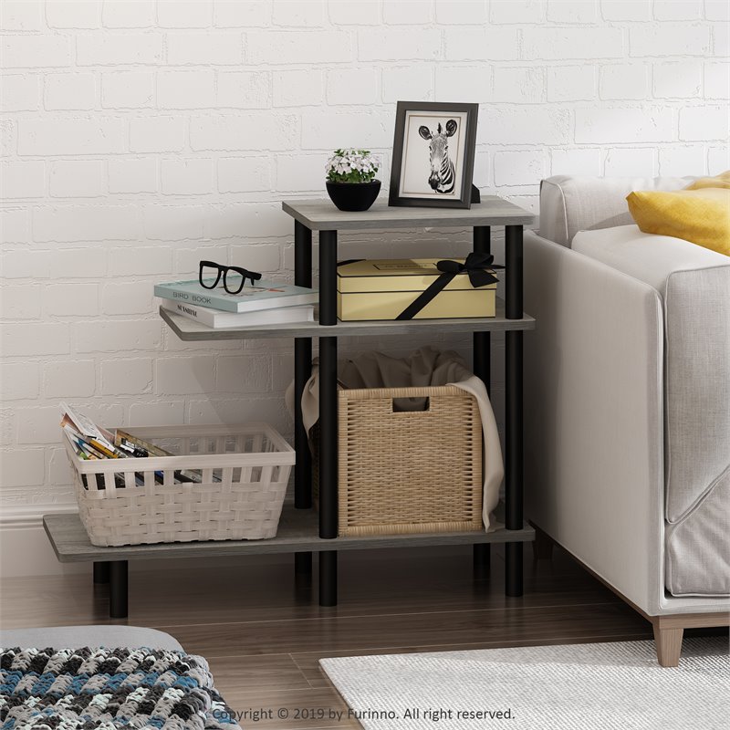 Furinno TURN-N-TUBE Engineered Wood 3-Tier Sofa Side Table in Oak Gray/Black