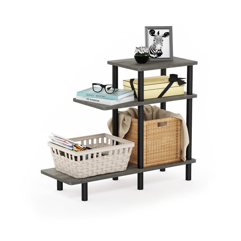 Furinno TURN-N-TUBE Engineered Wood 3-Tier Sofa Side Table in Oak Gray/Black