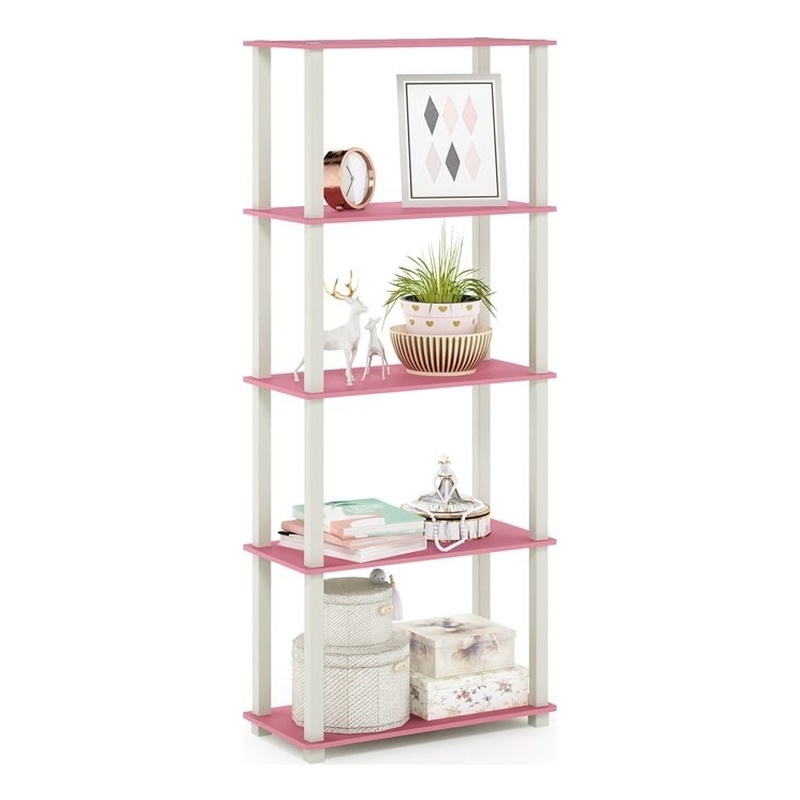 Furinno TURN-S-TUBE Engineered Wood 5-Tier Shelf Display Rack in Pink/White