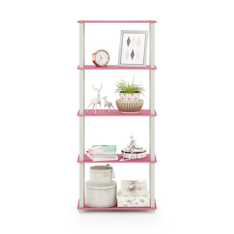 Furinno TURN-S-TUBE Engineered Wood 5-Tier Shelf Display Rack in Pink/White