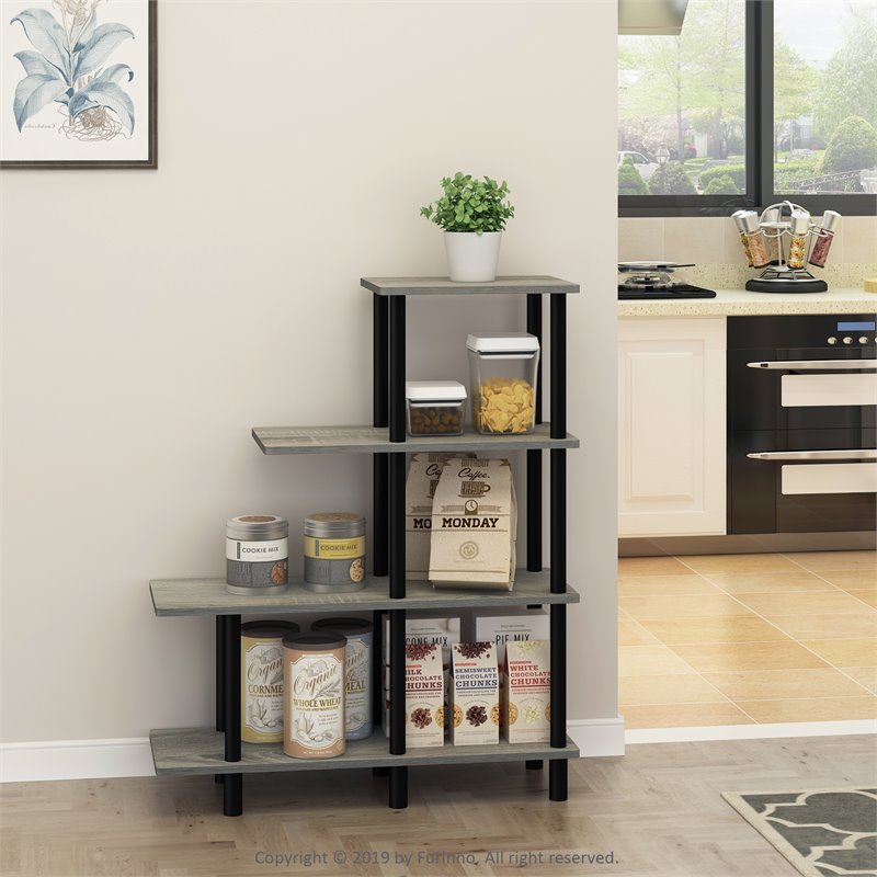 Furinno TURN-N-TUBE Engineered Wood 4-Tier Cube Ladder Shelf in Oak Gray/Black