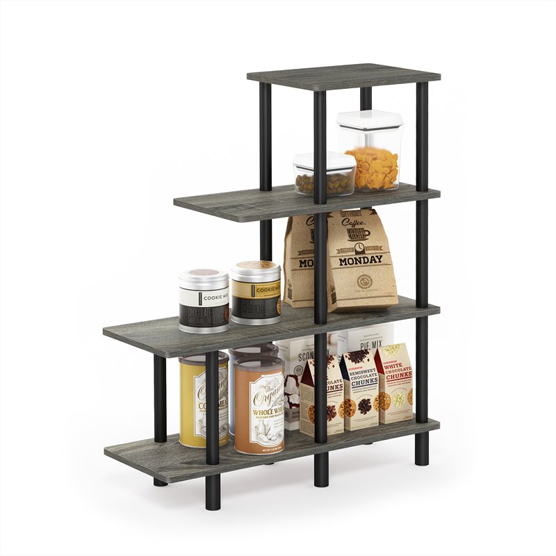 Furinno TURN-N-TUBE Engineered Wood 4-Tier Cube Ladder Shelf in Oak Gray/Black
