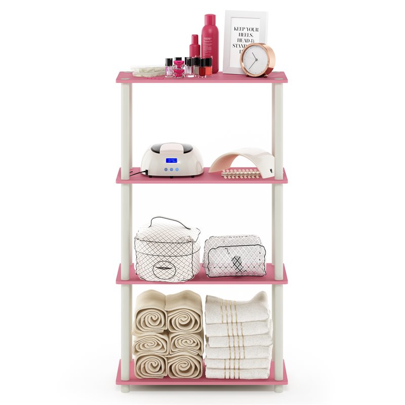 Furinno TURN-N-TUBE Engineered Wood 4-Tier Shelf Display Rack in Pink/White