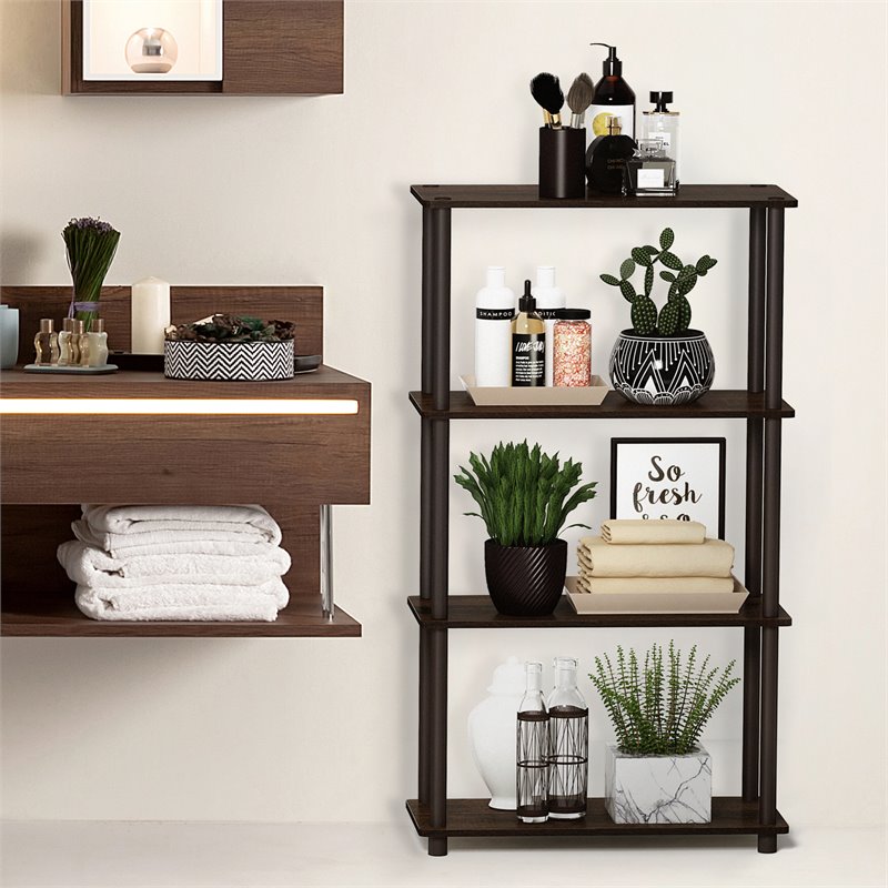 Furinno TURN-N-TUBE Engineered Wood 4-Tier Shelf Display Rack in Walnut/Brown