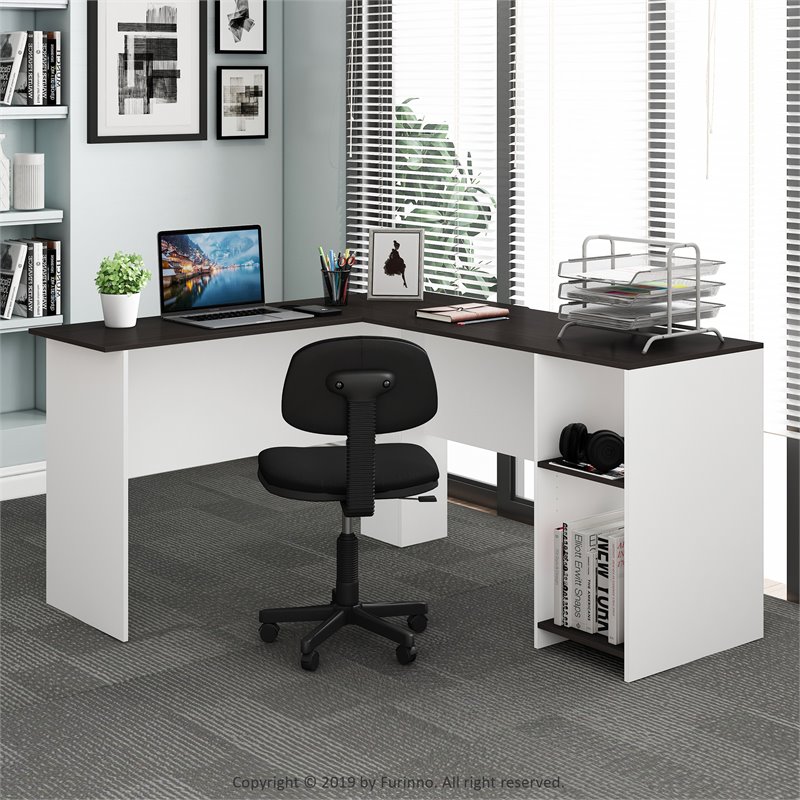 Furinno INDO Engineered Wood L-Shaped Desk with Bookshelves in Espresso/White