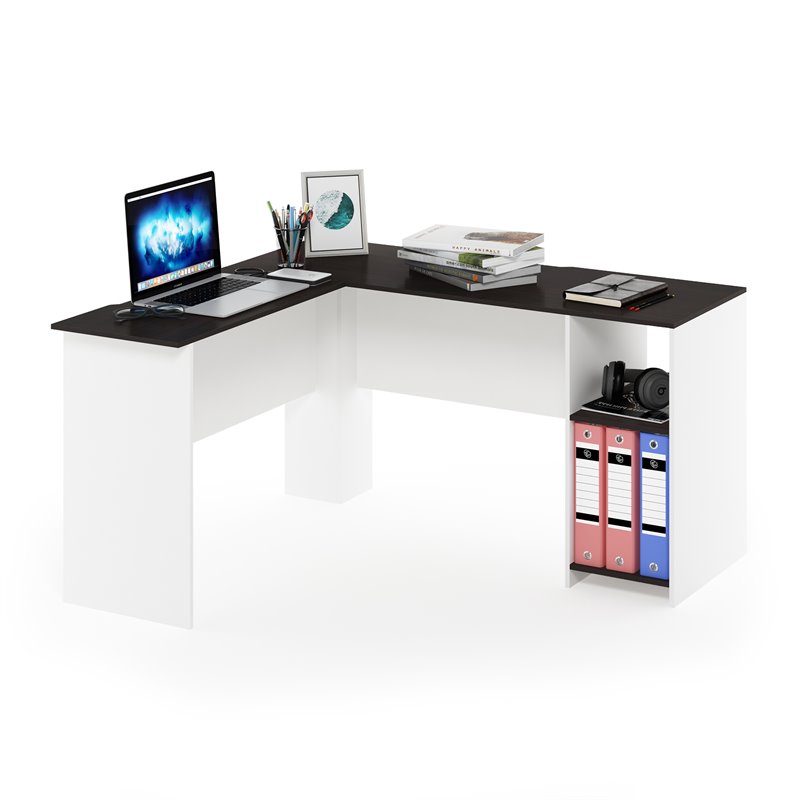 Furinno INDO Engineered Wood L-Shaped Desk with Bookshelves in Espresso/White