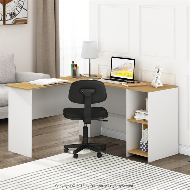 Furinno INDO Engineered Wood L-Shaped Desk with Bookshelves in Natural/White