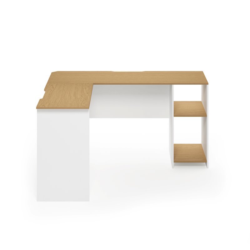Furinno INDO Engineered Wood L-Shaped Desk with Bookshelves in Natural/White