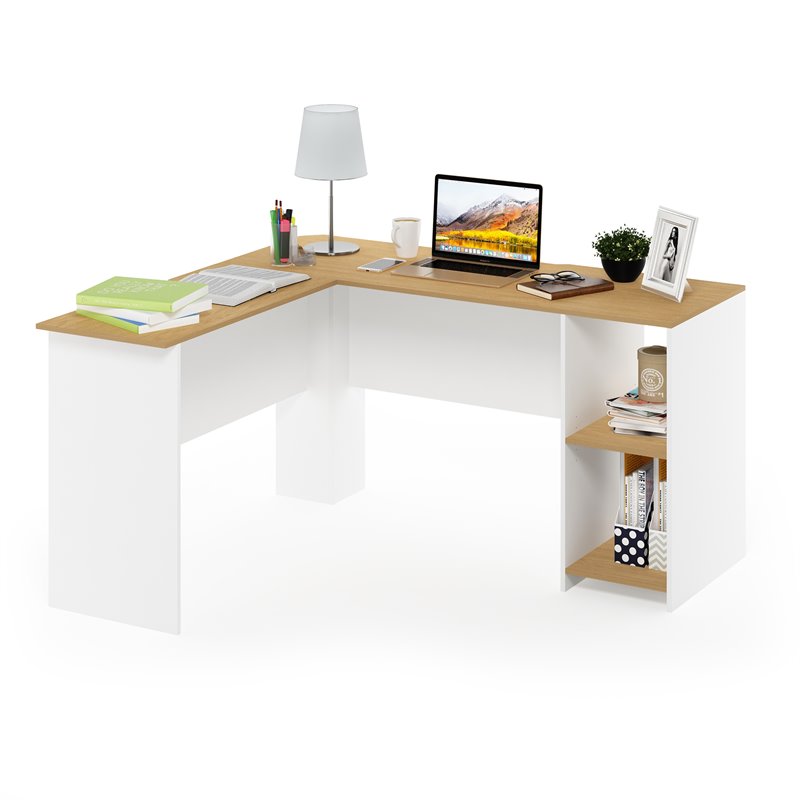 Furinno INDO Engineered Wood L-Shaped Desk with Bookshelves in Natural/White