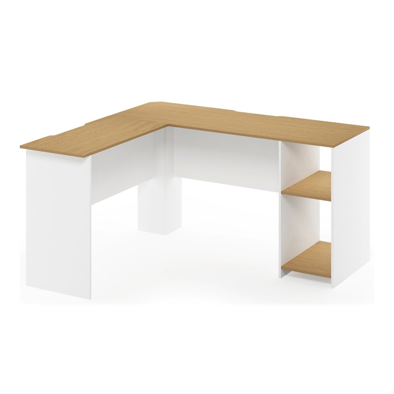 Furinno INDO Engineered Wood L-Shaped Desk with Bookshelves in Natural/White
