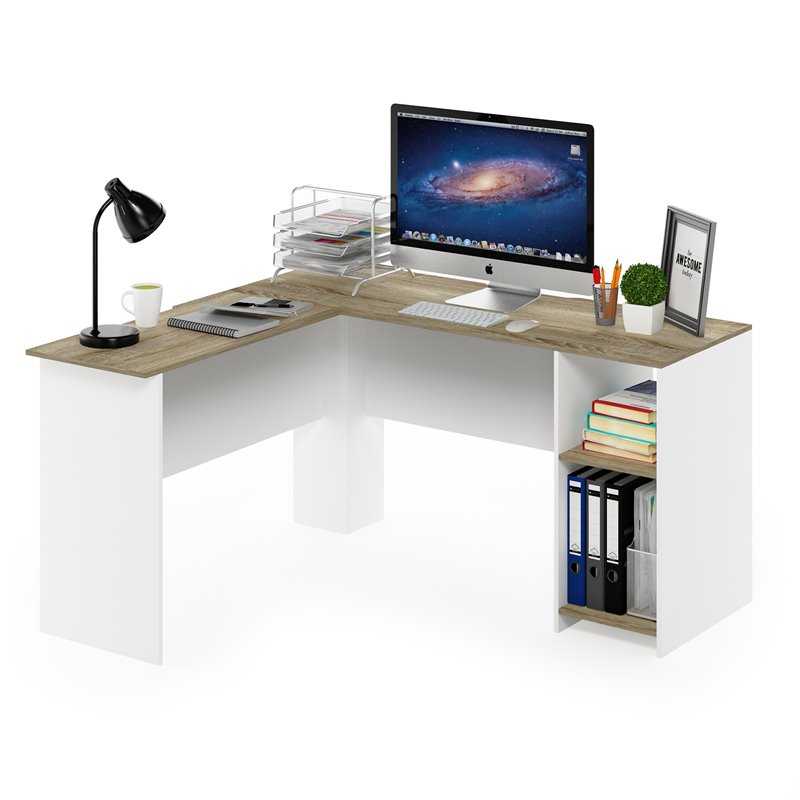Furinno INDO Engineered Wood L-Shaped Desk with Bookshelves in Sonoma Oak/White