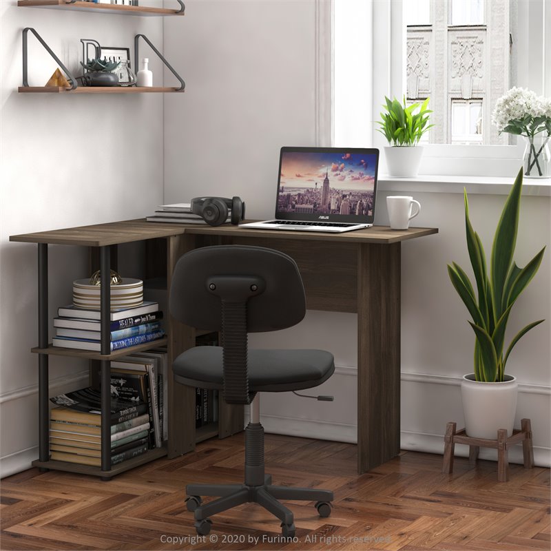 Furinno ABBOTT Wood L-Shape Desk with Bookshelf in Columbia Walnut/Black
