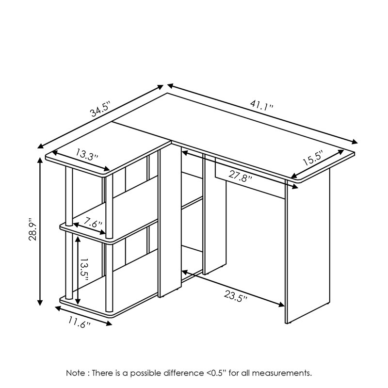 Furinno ABBOTT Wood L-Shape Desk with Bookshelf in Columbia Walnut/Black