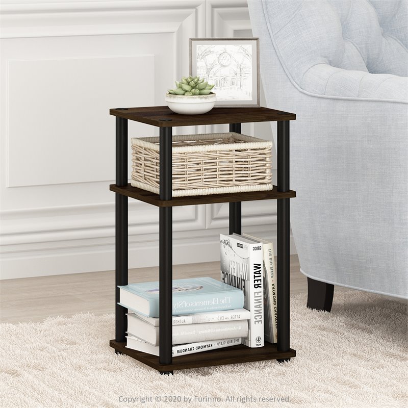 Furinno JUST Turn-N-Tube Wood 3-Tier End Table in Columbia Walnut/Black