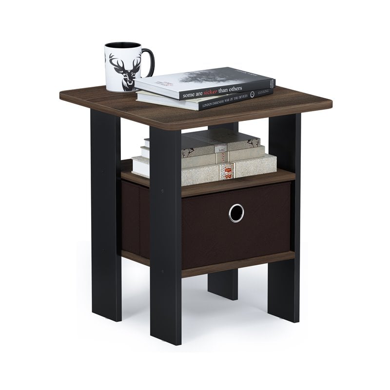 Furinno ANDREY Wood End Table with Bin Drawer in Columbia Walnut/Dark Brown