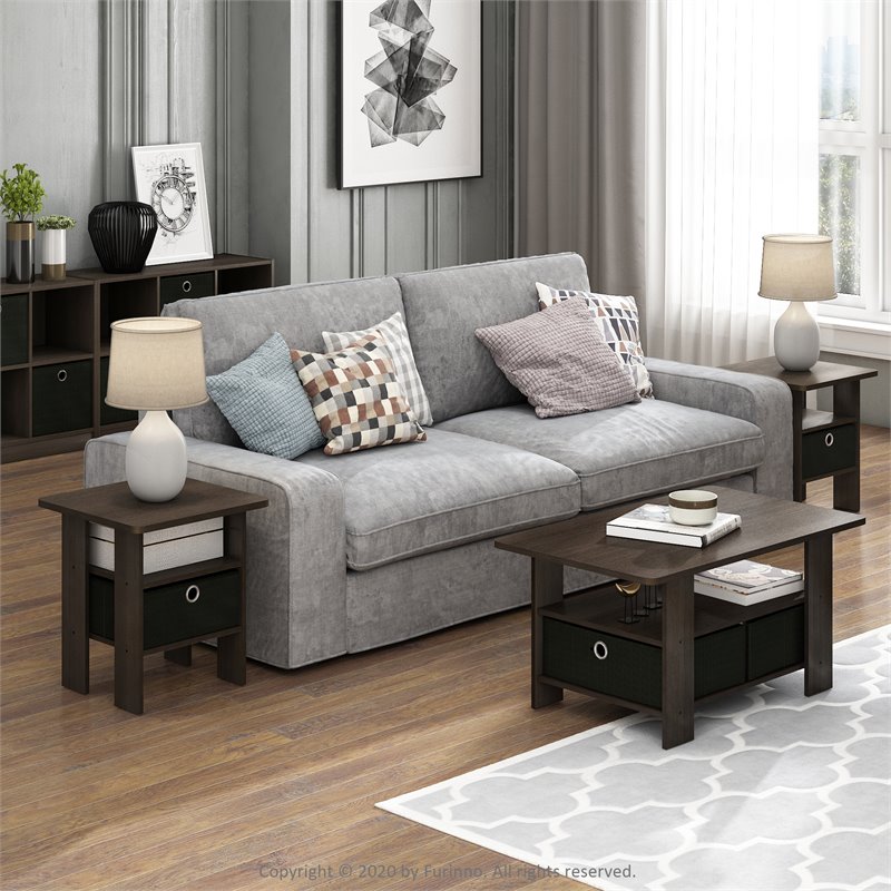 Furinno Andrey Engineered Wood End Table with Bin Drawer in Dark Brown/Black