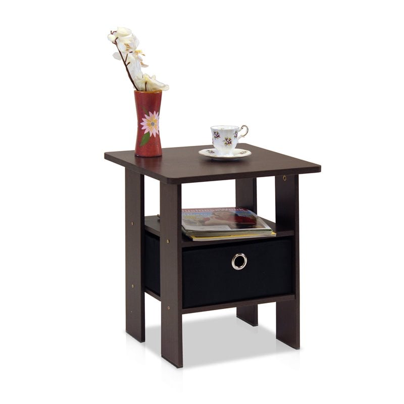 Furinno Andrey Engineered Wood End Table with Bin Drawer in Dark Brown/Black