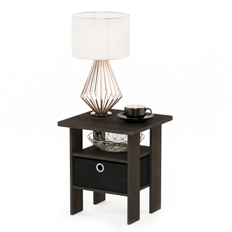 Furinno Andrey Engineered Wood End Table with Bin Drawer in Dark Brown/Black