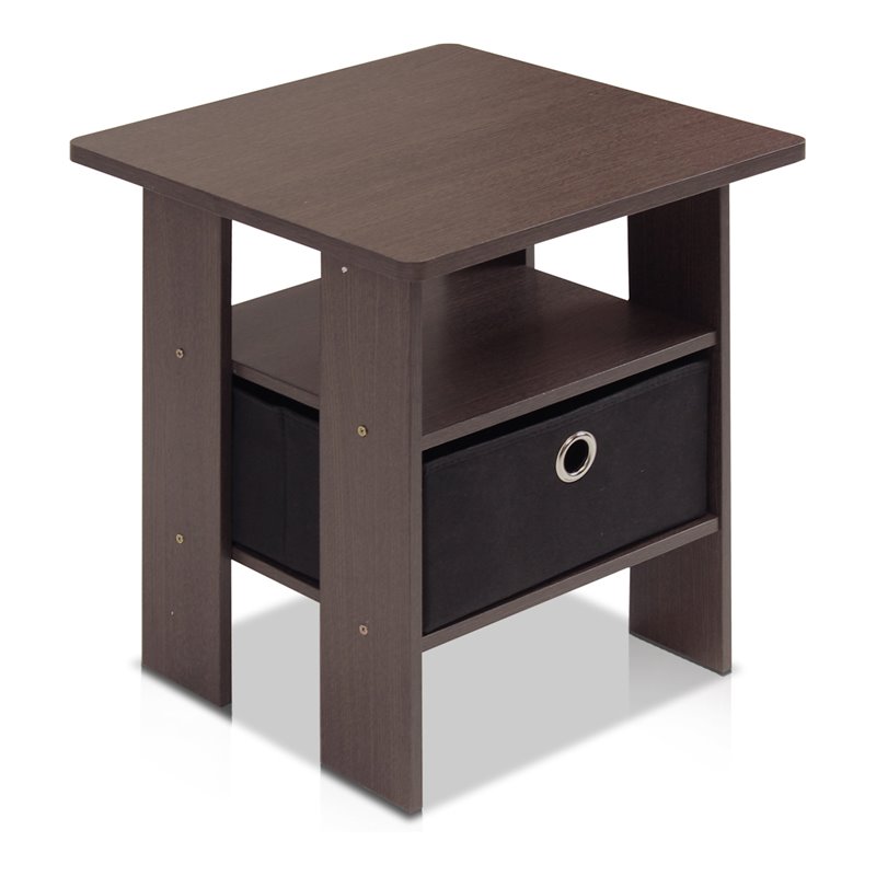 Furinno Andrey Engineered Wood End Table with Bin Drawer in Dark Brown/Black