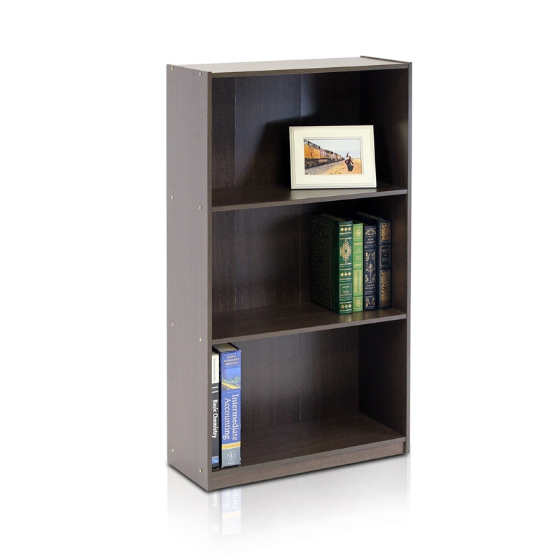 Furinno BASIC Engineered Wood 3-Tier Bookcase Storage Shelves in Dark Brown