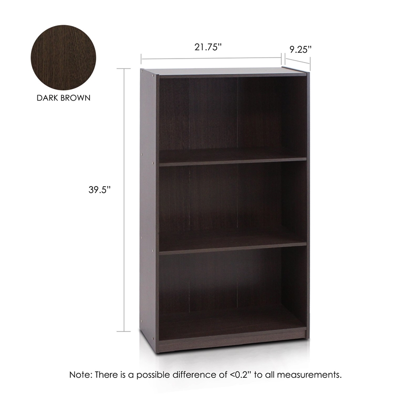 Furinno BASIC Engineered Wood 3-Tier Bookcase Storage Shelves in Dark Brown