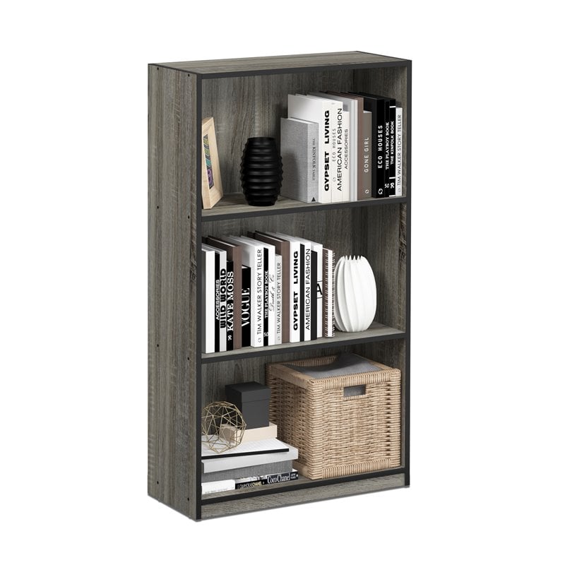 Furinno BASIC Wood 3-Tier Bookcase Storage Shelves in French Oak Gray/Black