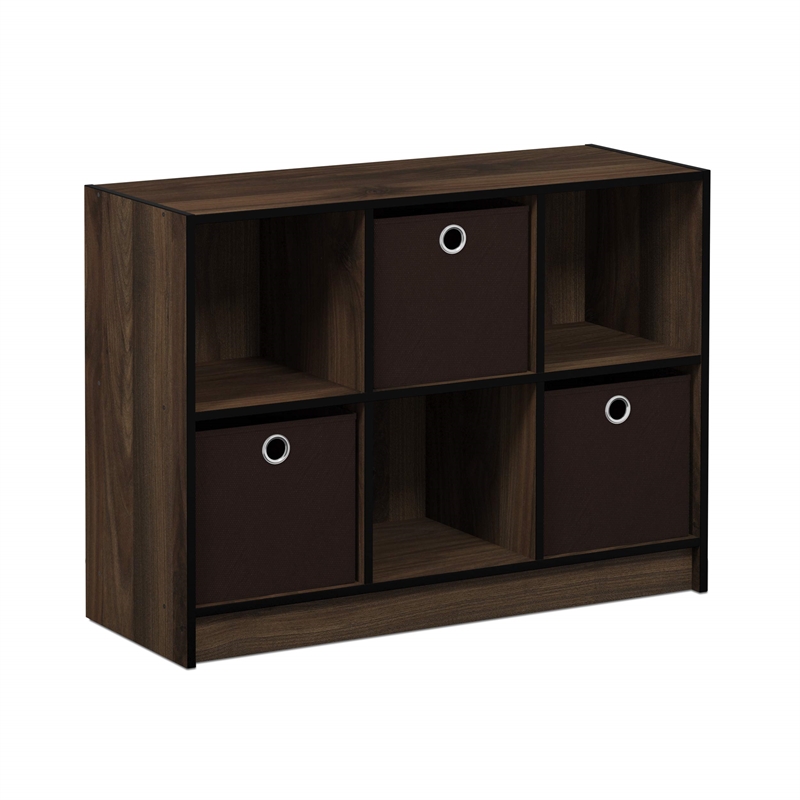 Furinno Basic Wood 3x2 Bookcase Storage w/Bins in Columbia Walnut/Dark Brown
