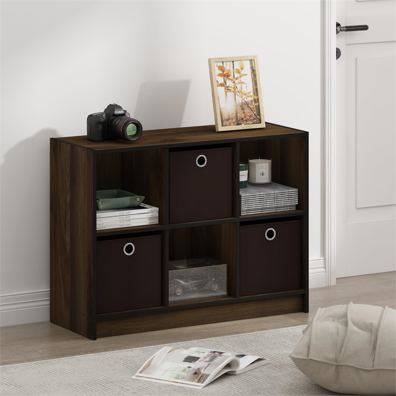 Furinno Basic Wood 3x2 Bookcase Storage w/Bins in Columbia Walnut/Dark Brown