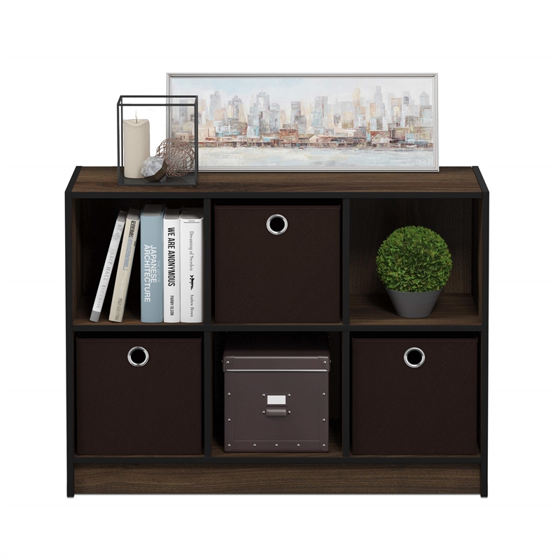 Furinno Basic Wood 3x2 Bookcase Storage w/Bins in Columbia Walnut/Dark Brown