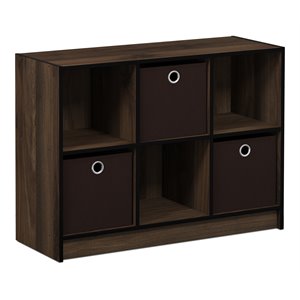 furinno basic wood 3x2 bookcase storage w/bins in columbia walnut/dark brown