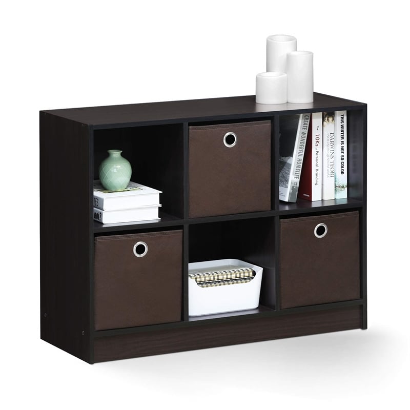 Furinno Basic Engineered Wood 3x2 Bookcase Storage w/Bins in Dark Walnut