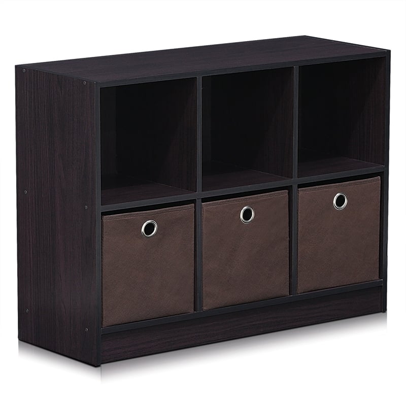 Furinno Basic Engineered Wood 3x2 Bookcase Storage w/Bins in Dark Walnut