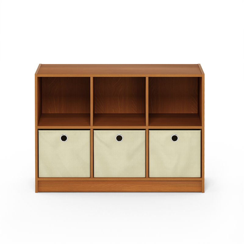 Furinno BASIC Engineered Wood 3x2 Bookcase Storage w/Bins in Light Cherry/Ivory