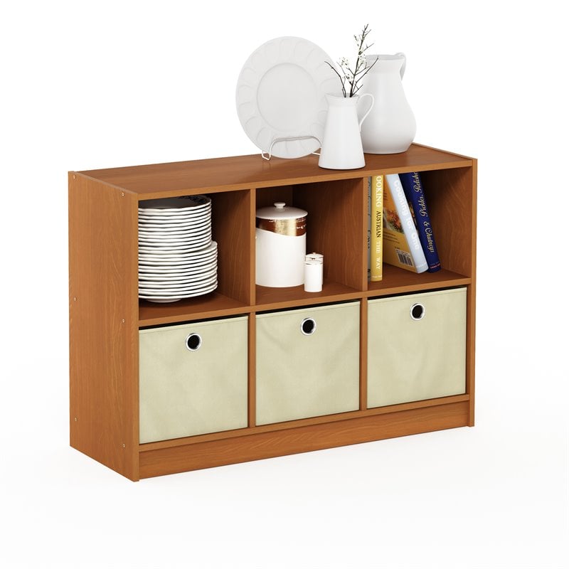 Furinno BASIC Engineered Wood 3x2 Bookcase Storage w/Bins in Light Cherry/Ivory