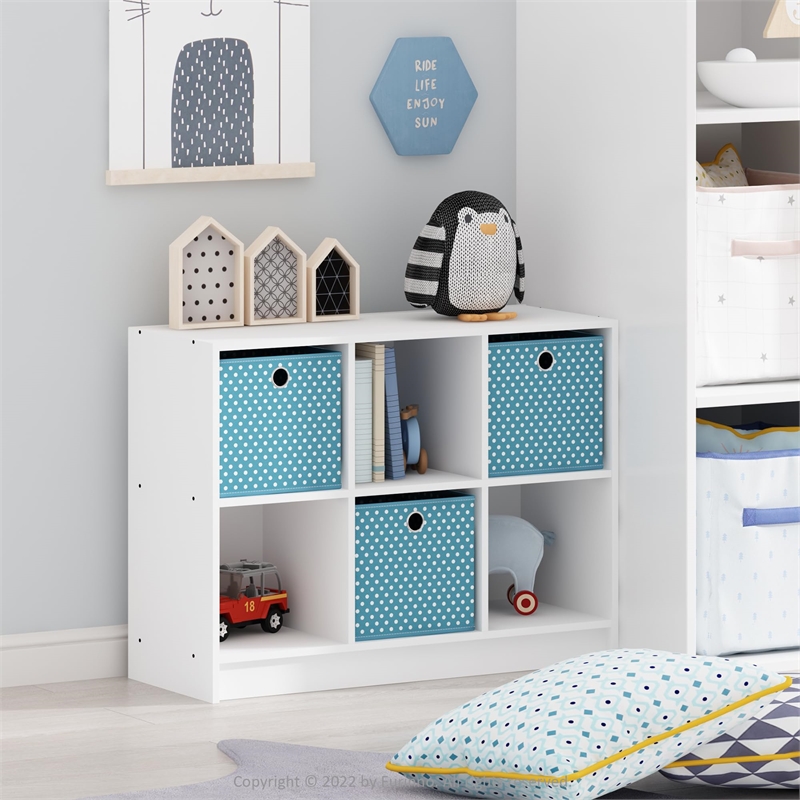 Furinno BASIC Engineered Wood 3x2 Bookcase Storage w/Bins in White/Light Blue