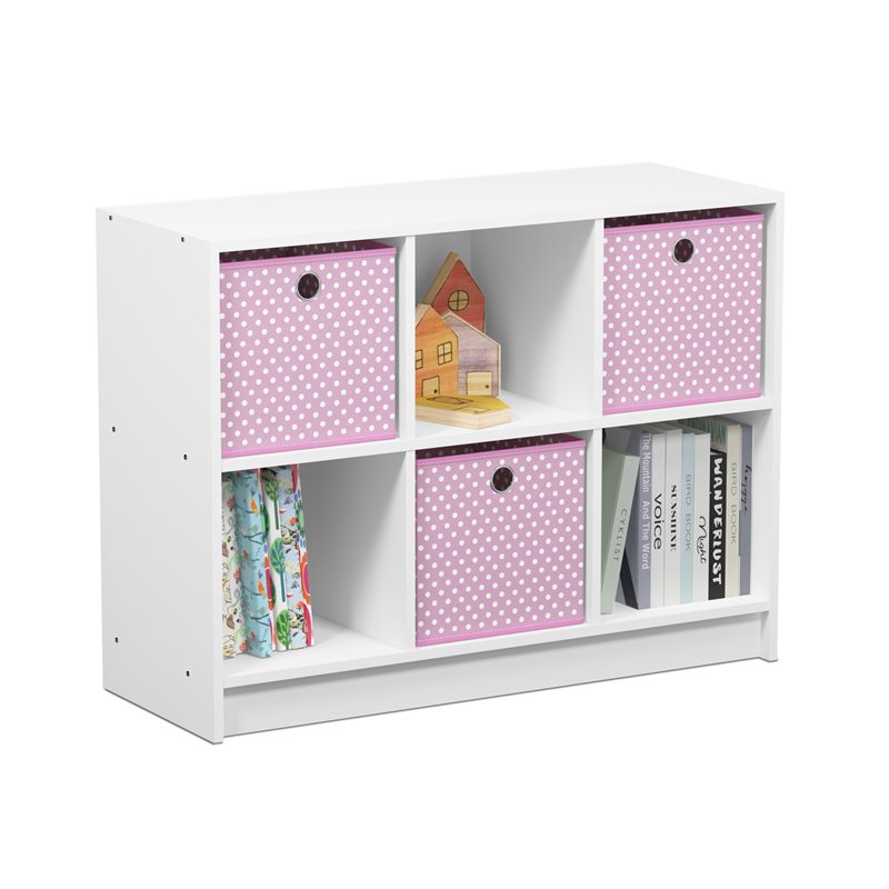 Furinno Basic Engineered Wood 3x2 Bookcase Storage w/Bins in White/Pink