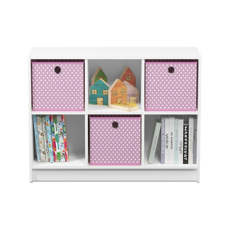 Furinno Basic Engineered Wood 3x2 Bookcase Storage w/Bins in White/Pink