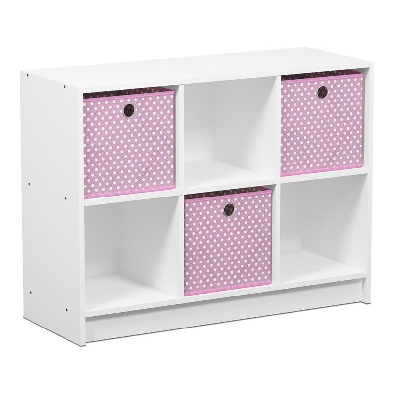 Furinno Basic Engineered Wood 3x2 Bookcase Storage w/Bins in White/Pink