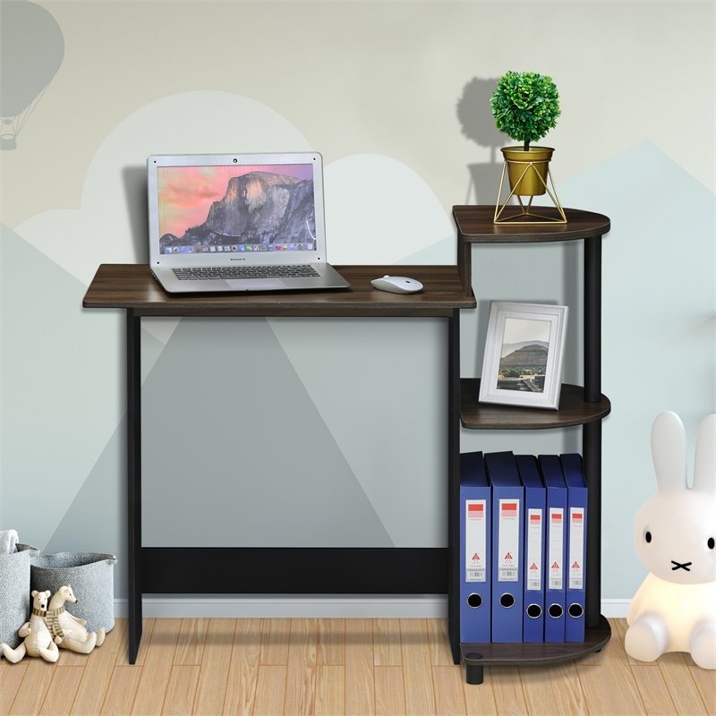 Furinno Wood Compact Computer Desk with Shelves in Columbia Walnut/Black