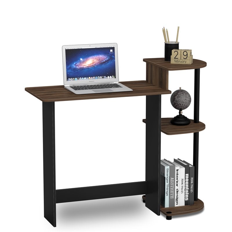 Furinno Wood Compact Computer Desk with Shelves in Columbia Walnut/Black