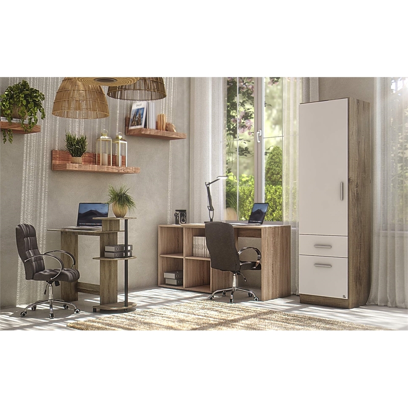 Furinno Wood Compact Computer Desk with Shelves in French Oak Gray/Black