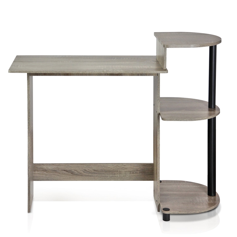 Furinno Wood Compact Computer Desk with Shelves in French Oak Gray/Black