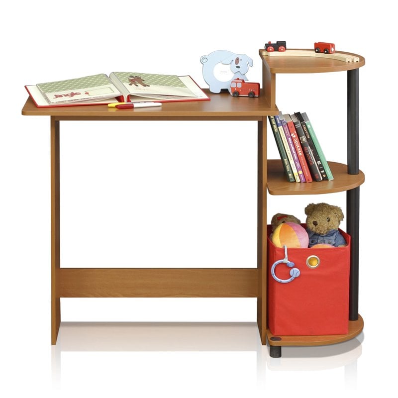 Furinno Engineered Wood Compact Computer Desk with Shelves in Light Cherry/Black